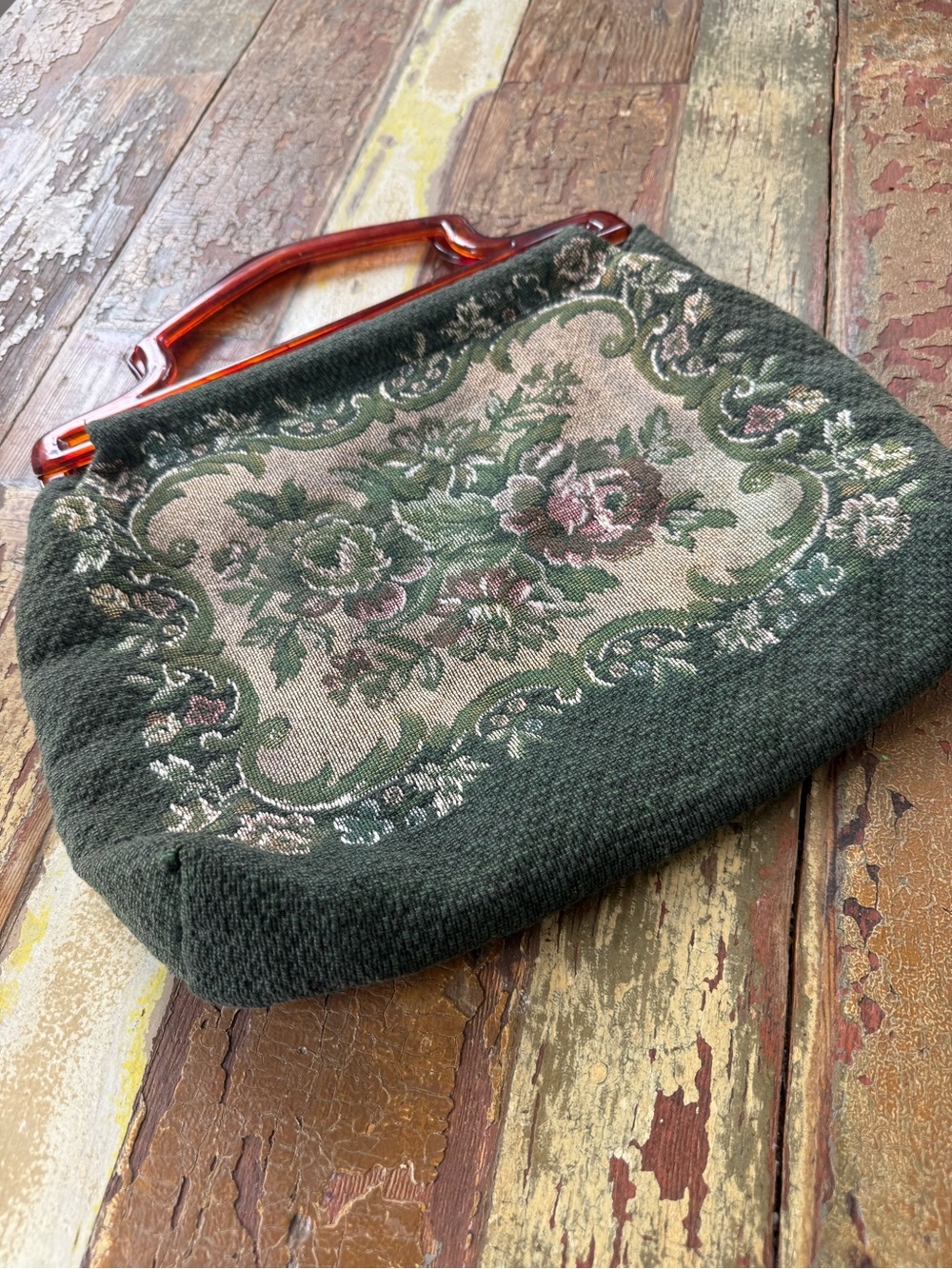 Vintage Floral Green Woven Tapestry Handbag Amber Lucite Handle Spring Purse - Picture 2 of 5